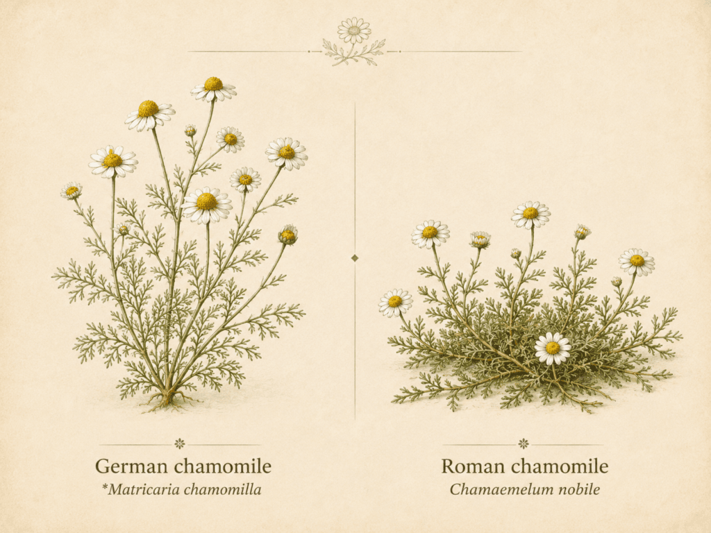 Botanical comparison of German chamomile (Matricaria chamomilla) and Roman chamomile (Chamaemelum nobile).