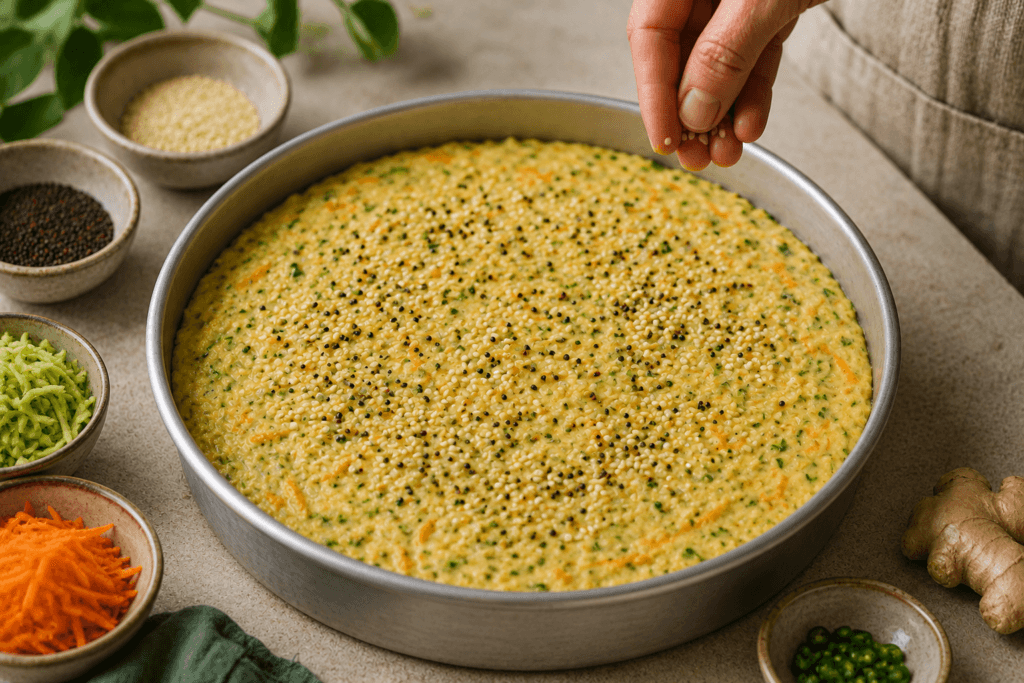 Massa de handvo com legumes e sementes em forma antes de assar