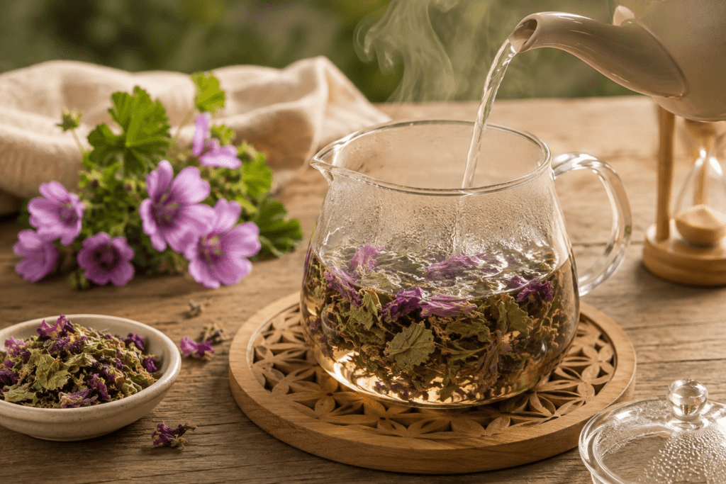 Água quente sendo despejada sobre folhas e flores secas de malva em recipiente de vidro