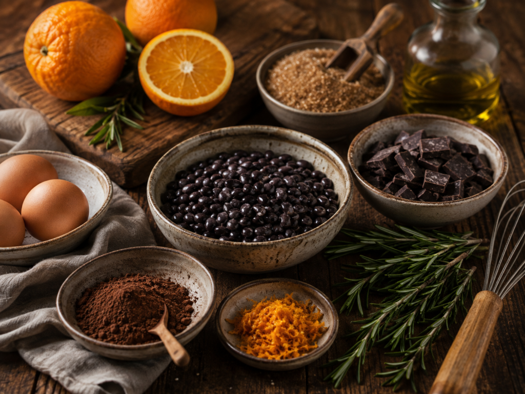 Ingredientes organizados para brownie de feijão-preto com laranja e alecrim, incluindo feijão-preto, chocolate, cacau, ovos, laranja e alecrim.
