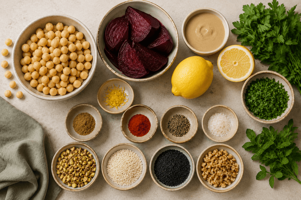 Grão-de-bico, beterraba assada, tahine, limão, ervas, especiarias e sementes