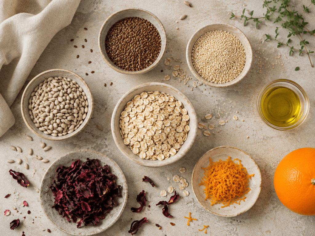 Linhaça, gergelim, sementes de girassol, aveia, hibisco, raspas de laranja e azeite para preparar crackers
