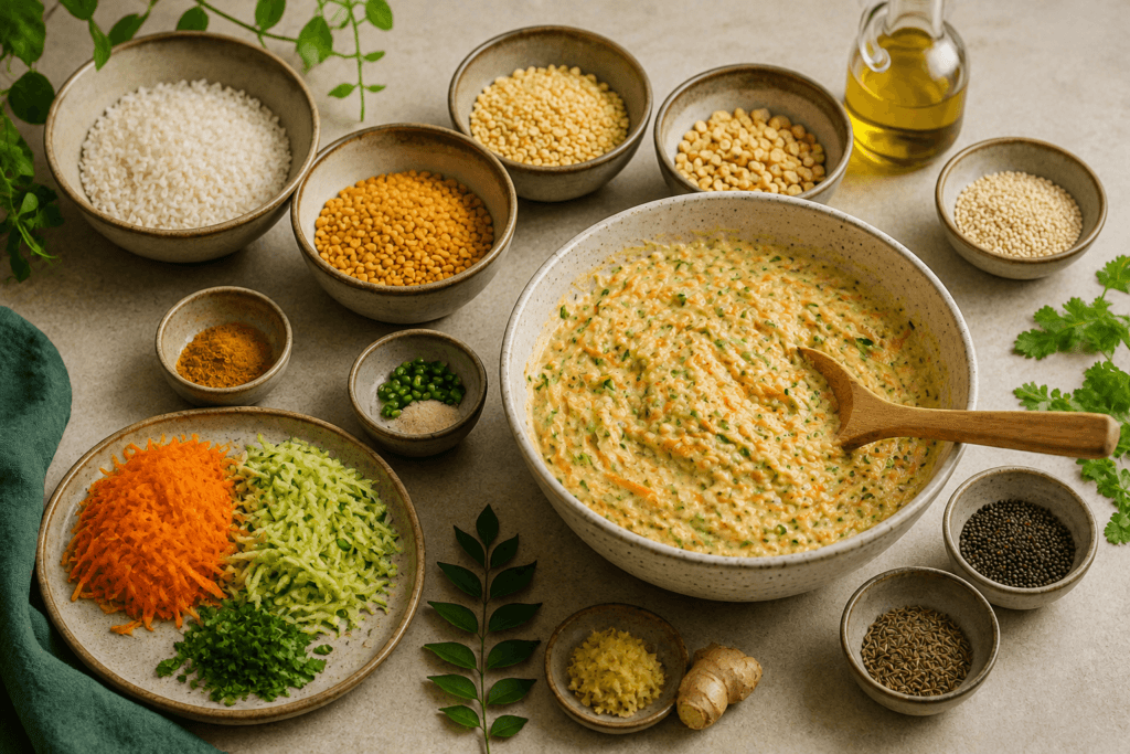Arroz, lentilhas, abobrinha, cenoura, sementes e especiarias para handvo