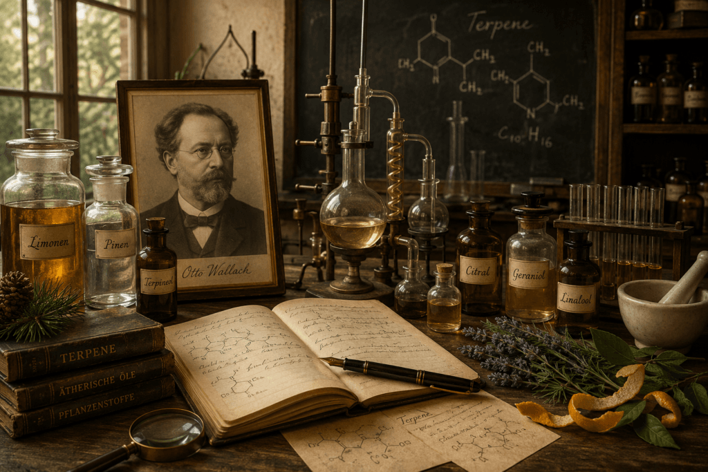 Cena de laboratório antigo com retrato de Otto Wallach, vidrarias, anotações e frascos rotulados com compostos aromáticos