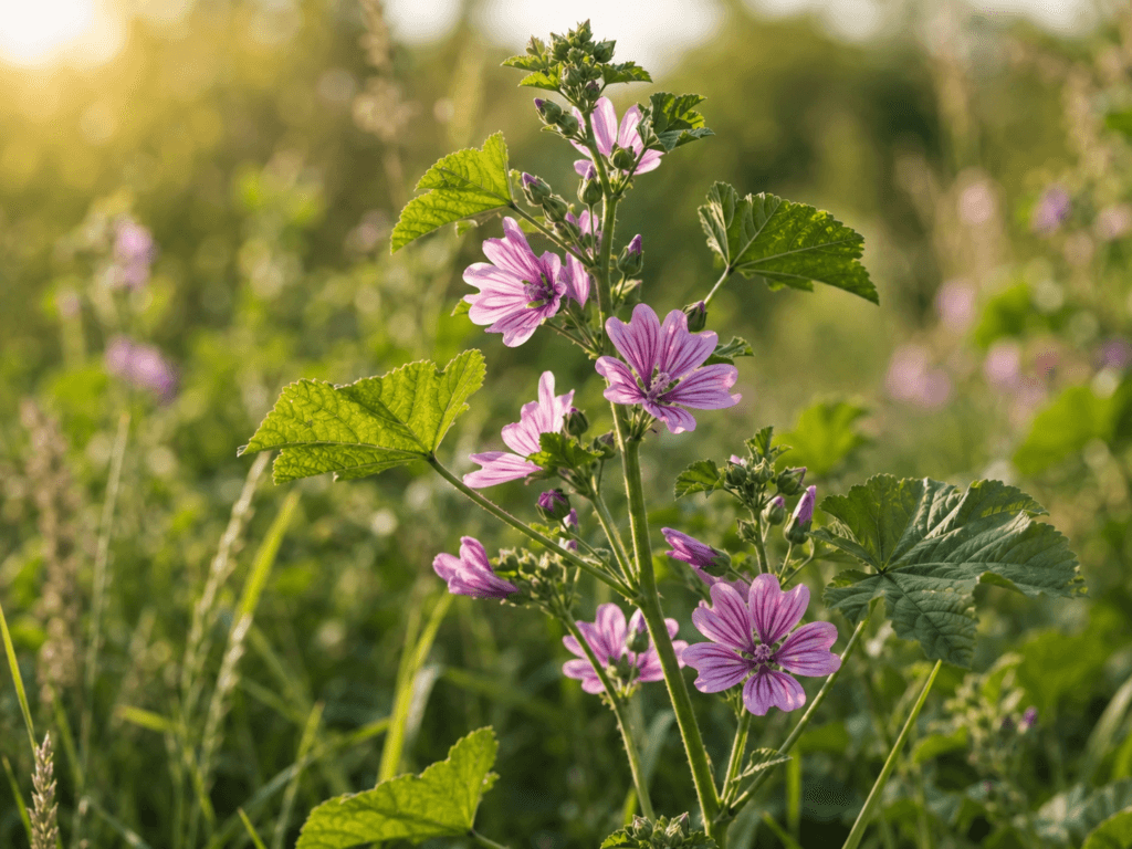 Malva sylvestris na natureza com flores rosadas de nervuras escuras e folhas verdes