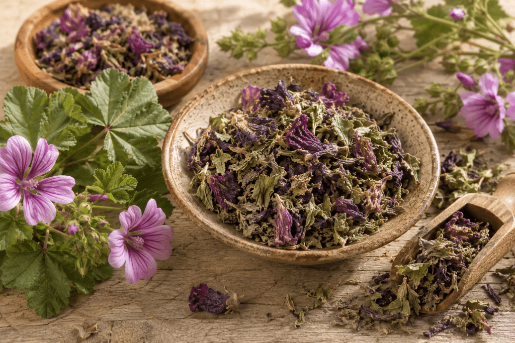 Folhas e flores frescas e secas de Malva sylvestris em composição botânica