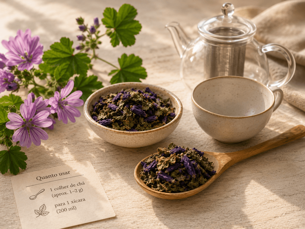 Malva seca em colher ao lado de xícara e bule para preparo da infusão