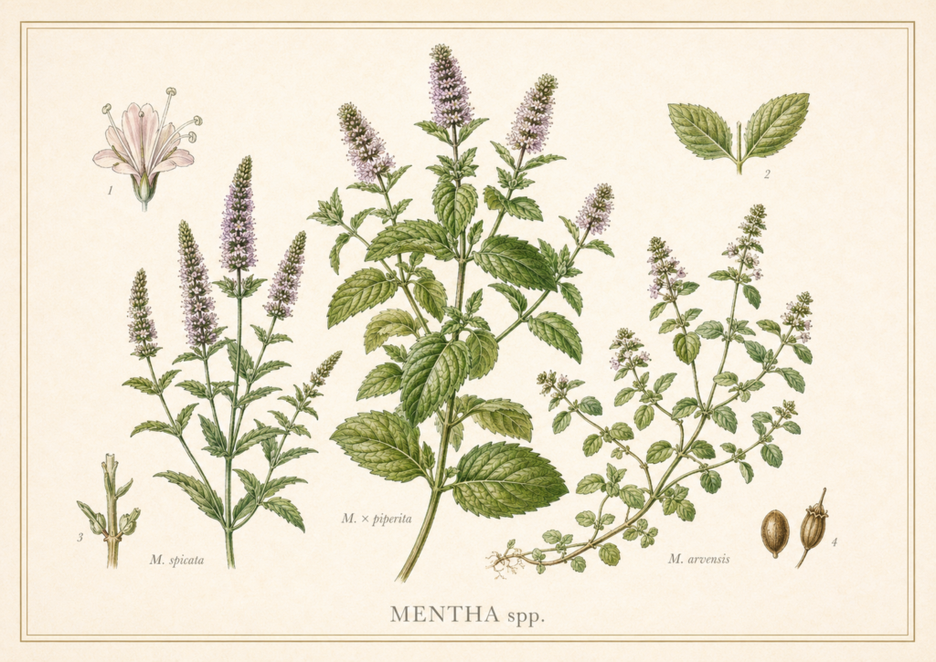 Hortelã (Mentha spp.): botânica, usos tradicionais e evidências científicas | Benverde Prancha botânica de hortelãs mostrando Mentha spicata, Mentha × piperita e Mentha arvensis, com folhas, flores e detalhes botânicos.