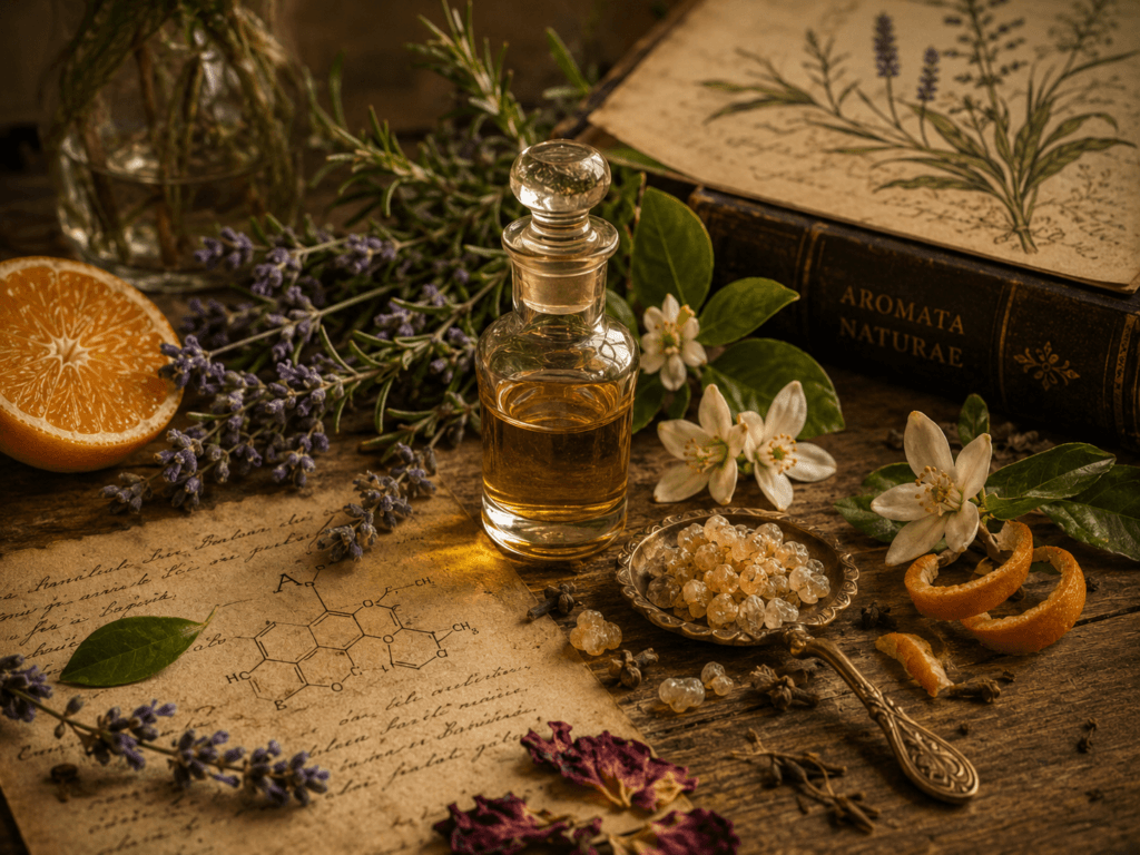Frasco com líquido âmbar cercado por lavanda, flores brancas, resina, laranja e manuscritos botânicos antigos