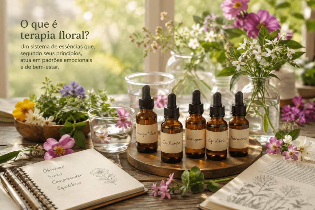 Frascos de essências florais entre flores, água e materiais botânicos sobre mesa de madeira