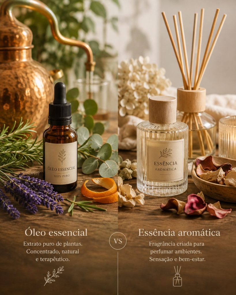 Óleo essencial ou essência aromática: comparação entre óleo essencial puro de origem vegetal e essência aromática usada para perfumar ambientes
