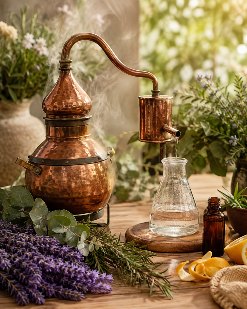 Alambique de cobre realizando a destilação de plantas aromáticas para a obtenção de óleo essencial