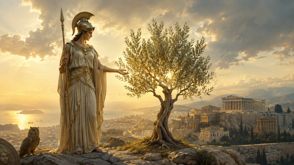 A oliveira de Atena: deusa Atena diante de uma oliveira iluminada, com a antiga cidade de Atenas e a Acrópole ao fundo.