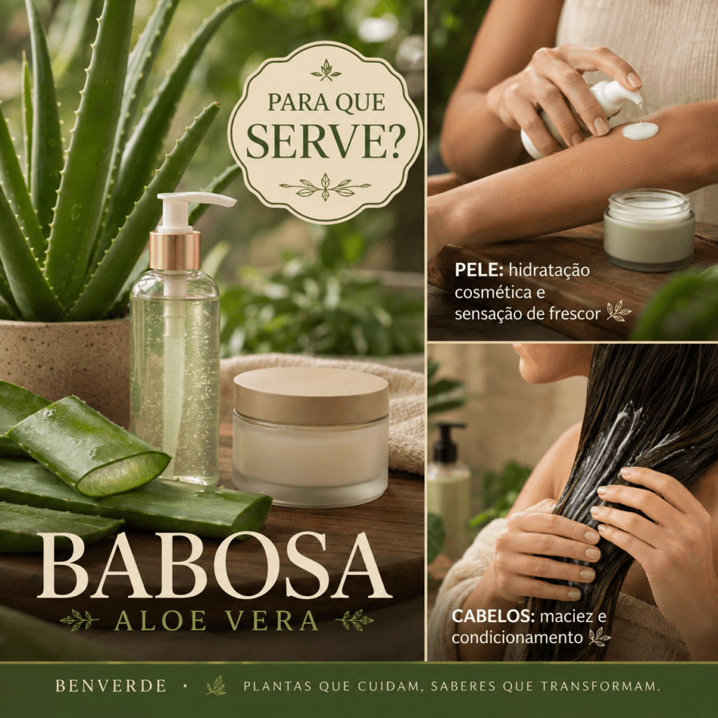 Para que serve a babosa? Colagem editorial sobre a babosa com planta aloe vera, produtos cosméticos e aplicações para pele e cabelos.
