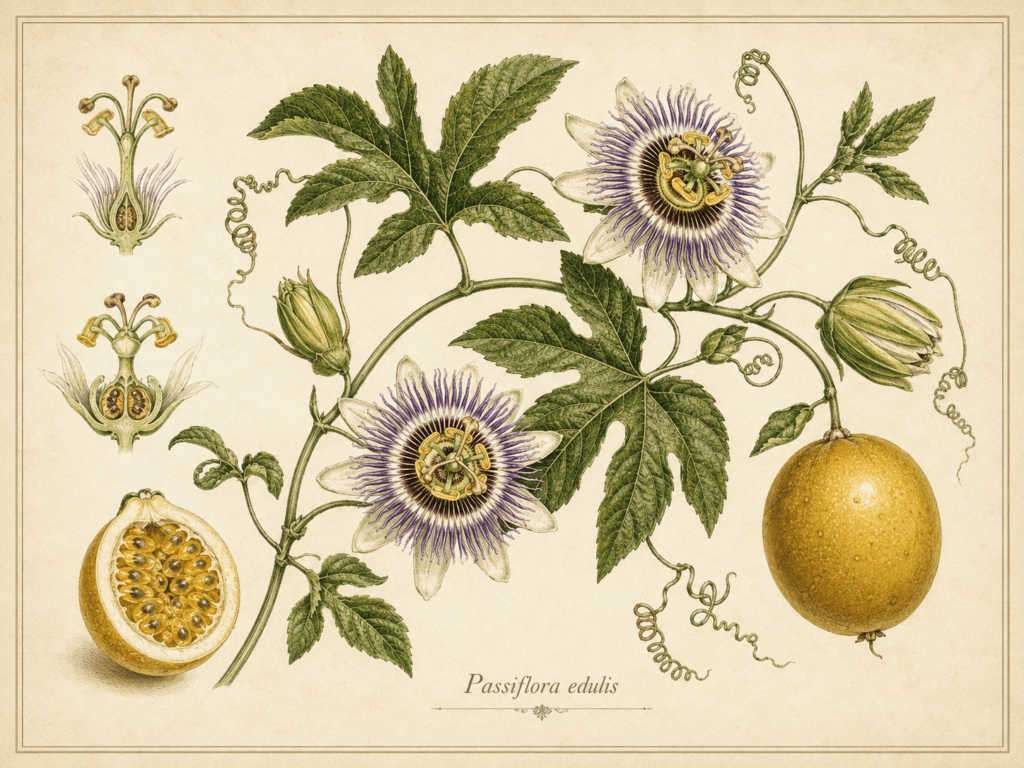 Ilustração botânica de Maracujá (Passiflora edulis) com folhas trilobadas, gavinhas, flores, fruto inteiro e maracujá aberto com sementes.