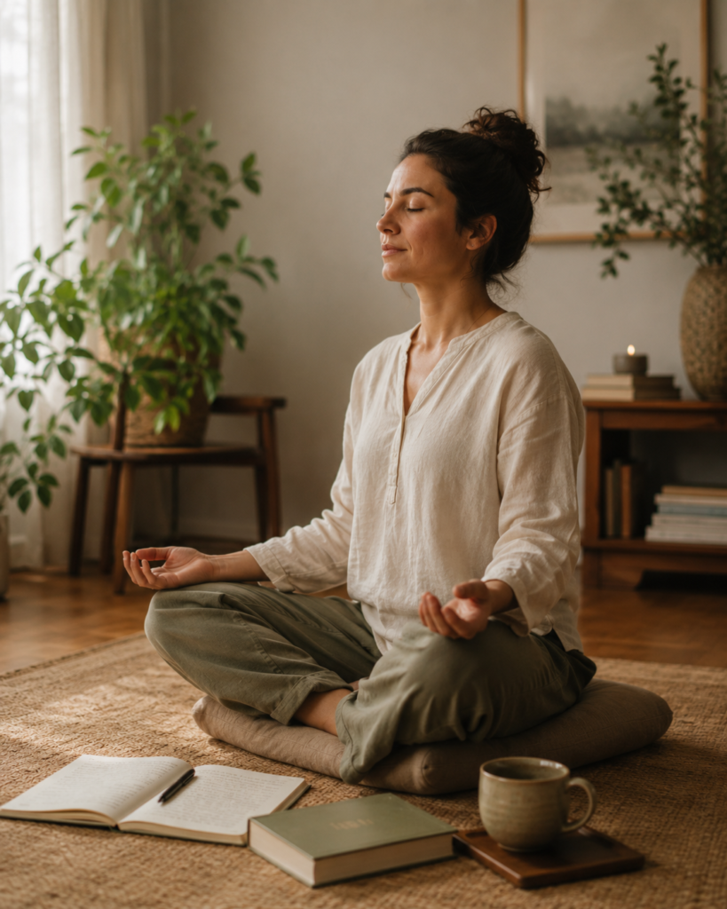 Pessoa meditando em casa com caderno, livro e xícara ao redor, em ambiente calmo e acolhedor