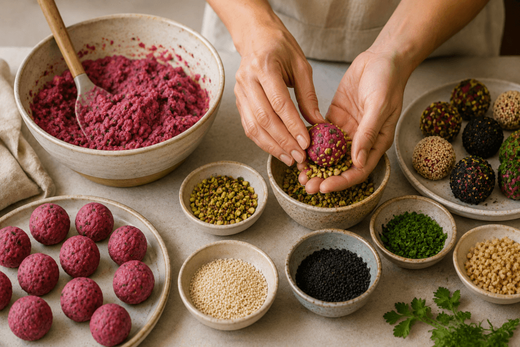 Mãos modelando trufas de beterraba e grão-de-bico e cobrindo com pistache