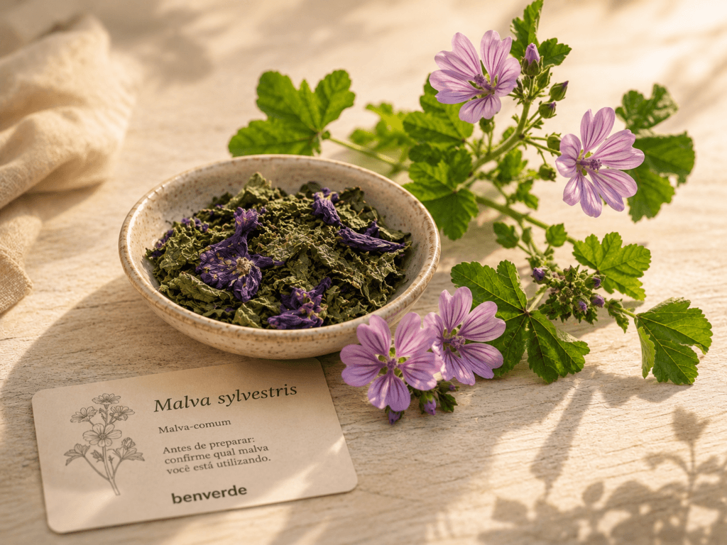 Folhas e flores frescas de Malva sylvestris ao lado de malva seca para preparo do chá