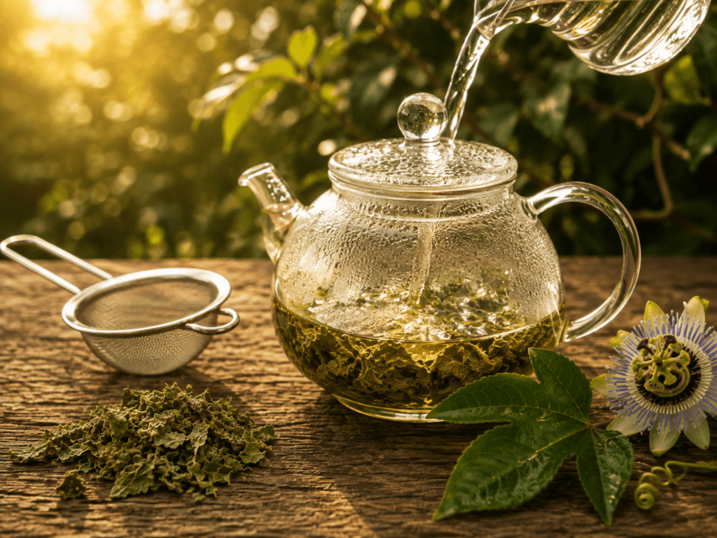 Preparo do chá de maracujá – folhas em infusão
