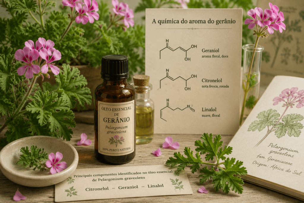 Gerânio-aromático, frasco de óleo essencial e representação dos compostos geraniol, citronelol e linalol