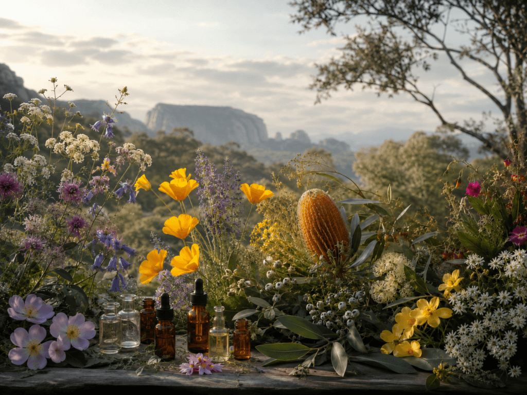 Terapia floral: diferentes flores e pequenos frascos de essências florais em composição botânica ao ar livre
