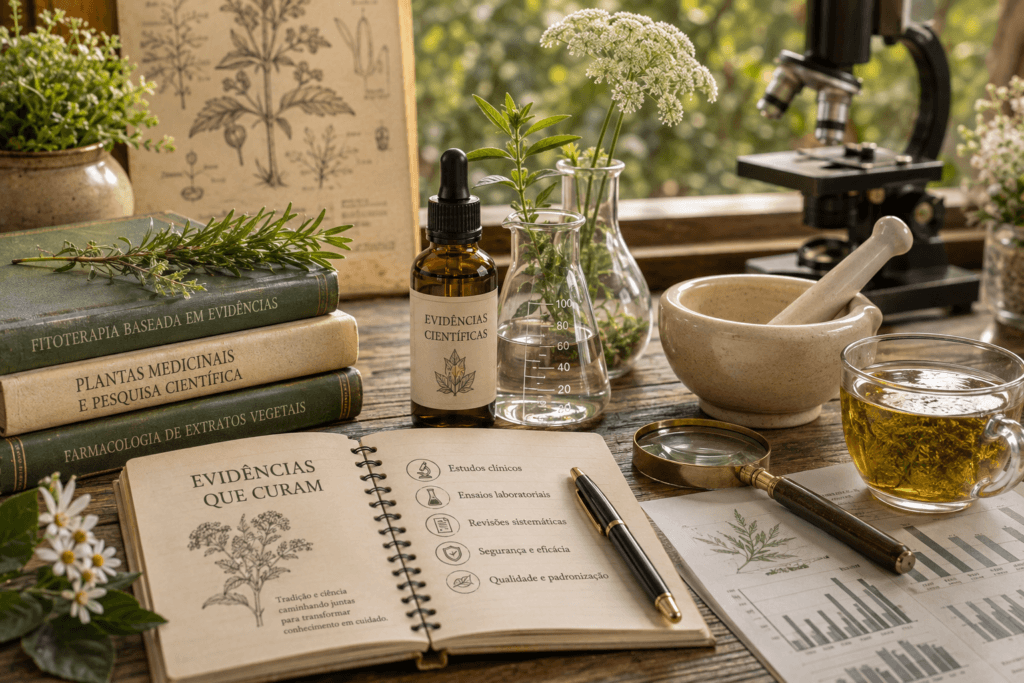 Flores e frasco de essência ao lado de microscópio, livros e materiais de pesquisa científica