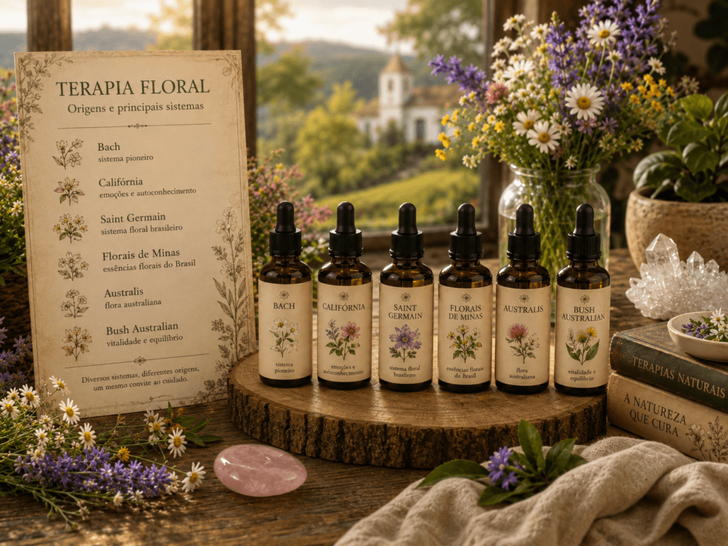 Terapia floral: diferentes flores e pequenos frascos de essências florais em composição botânica ao ar livre