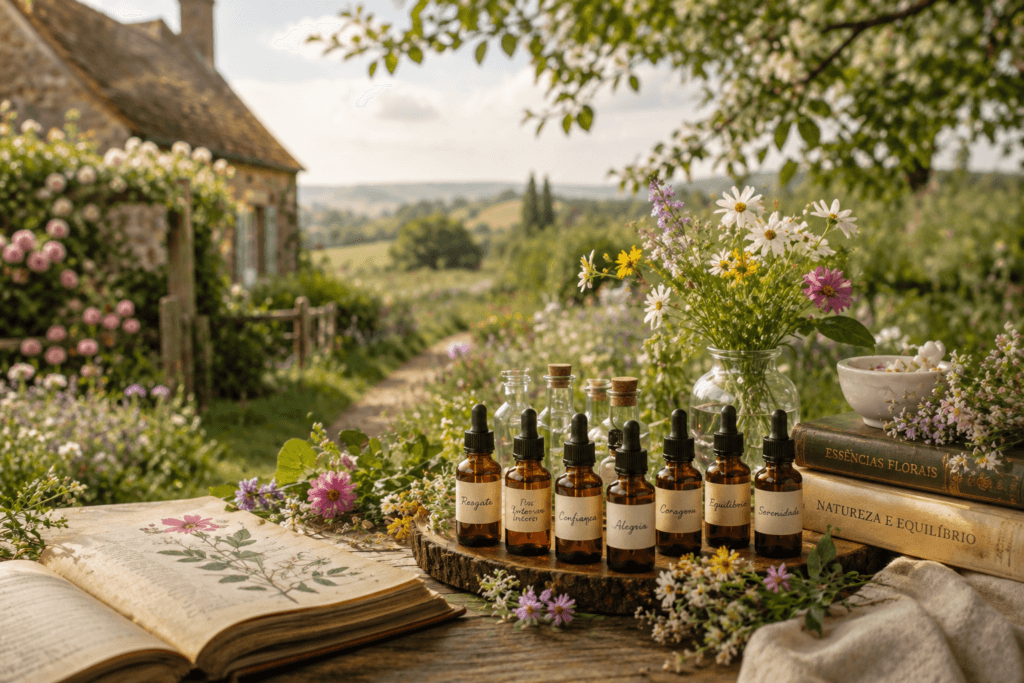 Frascos de essências florais entre flores silvestres em paisagem campestre inglesa