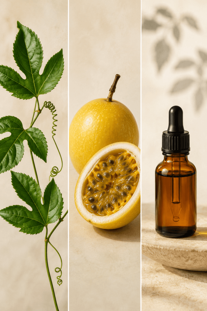 Comparação entre folhas de Passiflora edulis, fruto de maracujá inteiro e aberto e frasco representando extrato fitoterápico.
