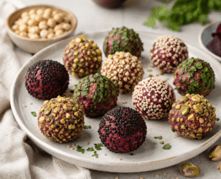 Trufas salgadas de grão-de-bico e beterraba: petisco colorido e diferente