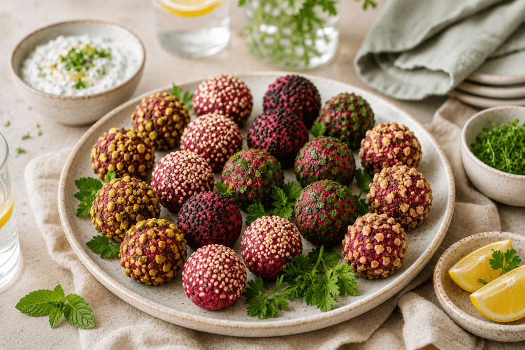 Trufas salgadas de beterraba servidas com molho de ervas e limão