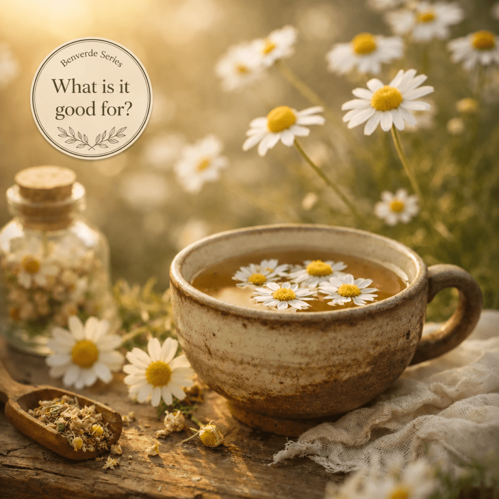 What Is Chamomile Good For? Chamomile tea and flowers with the Benverde Series “What is it good for?” seal.