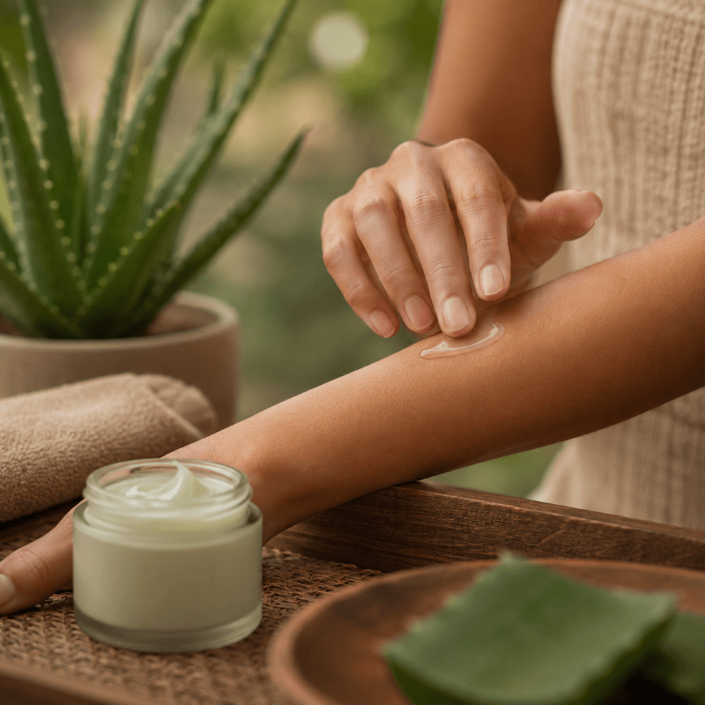 Pessoa aplicando pequena quantidade de produto cosmético com babosa no antebraço, com planta aloe ao fundo.