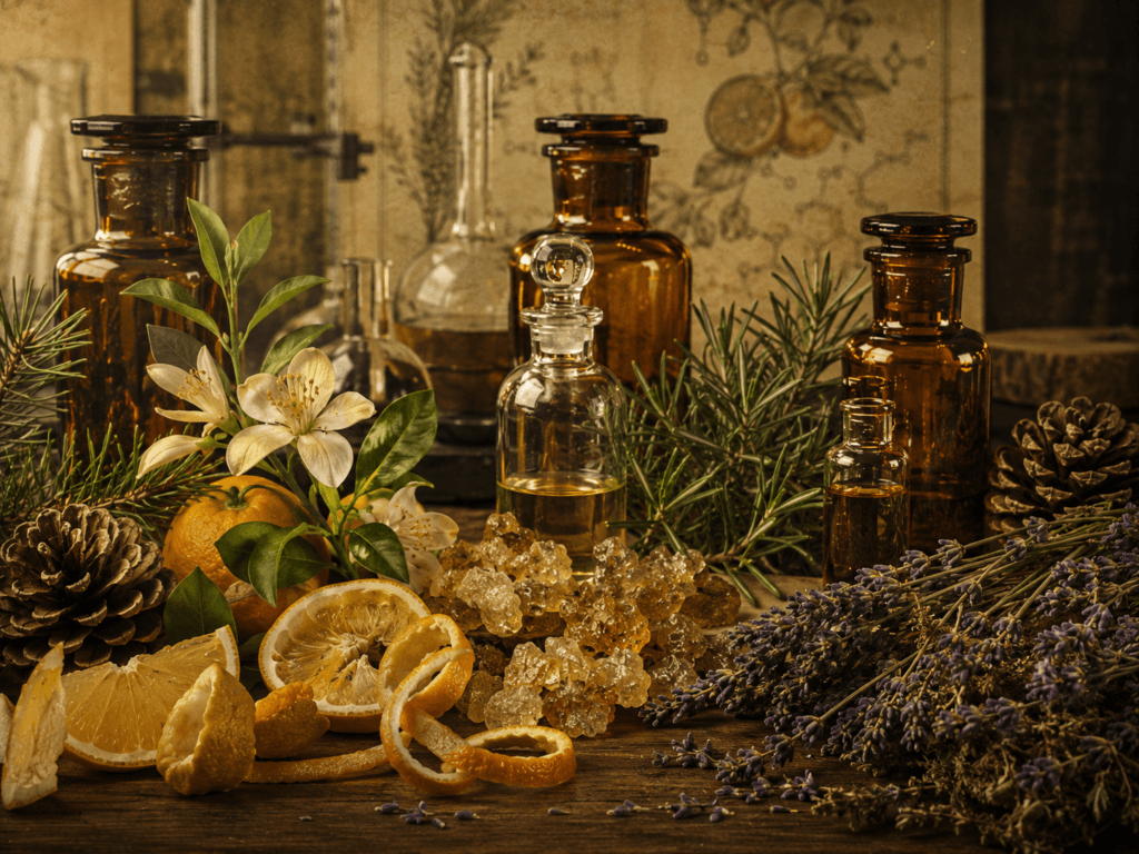 Frascos de vidro com óleos, lavanda, cítricos, resinas e ramos aromáticos sobre mesa de madeira