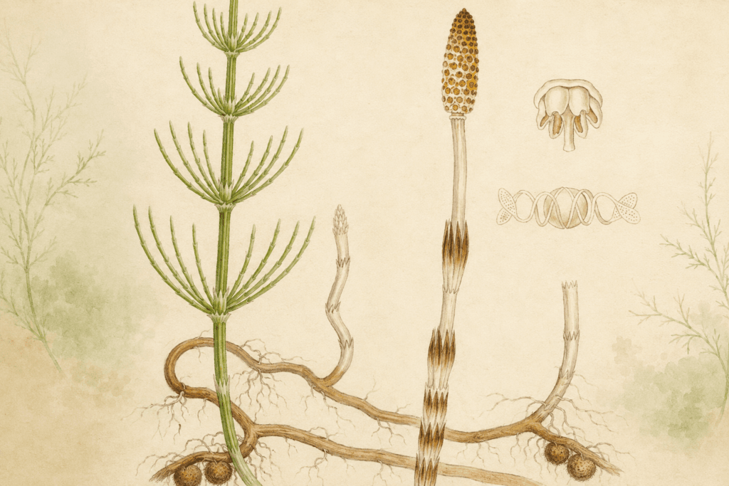 Ilustração botânica da cavalinha (Equisetum arvense) mostrando caule vegetativo, caule fértil e rizomas subterrâneos.