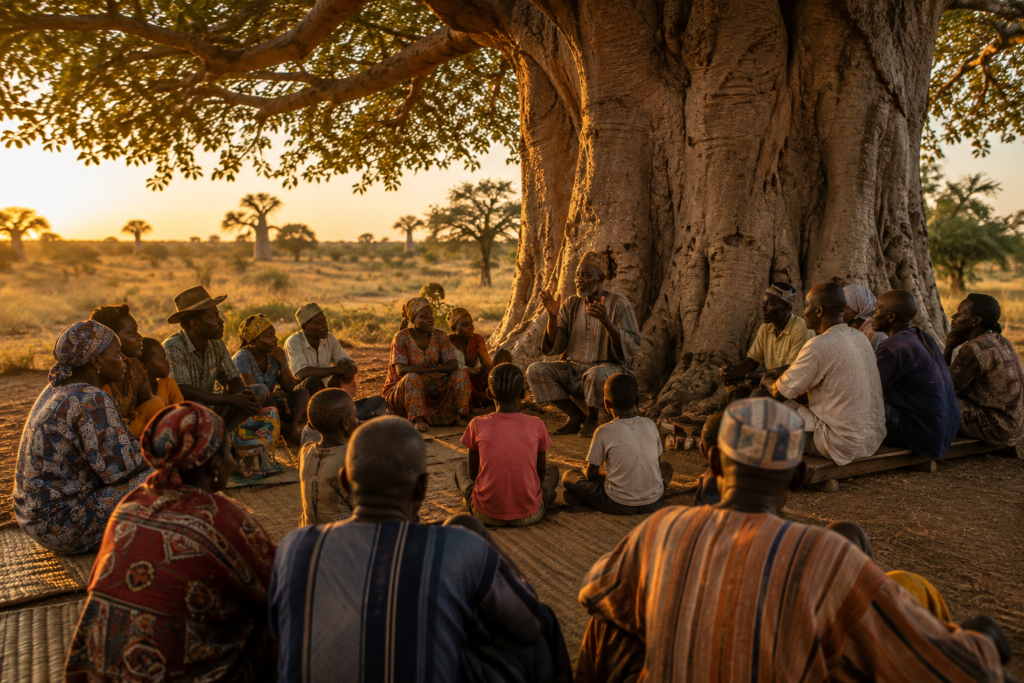 Pessoas de diferentes idades sentadas em círculo sob um grande baobá em uma paisagem africana dourada.