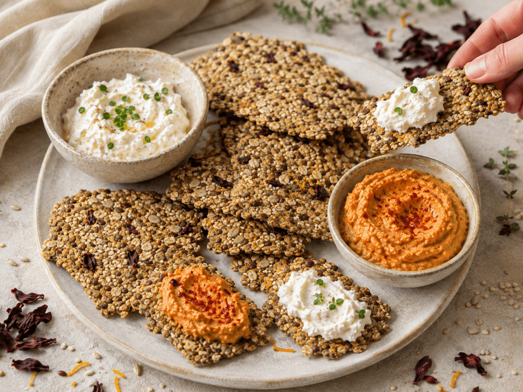 Crackers de sementes com hibisco servidos com pasta de ricota e ervas e pasta picante de feijão-branco