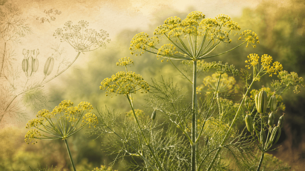 Planta erva-doce (Foeniculum vulgare) com folhas filiformes, umbelas amarelas e frutos em desenvolvimento.