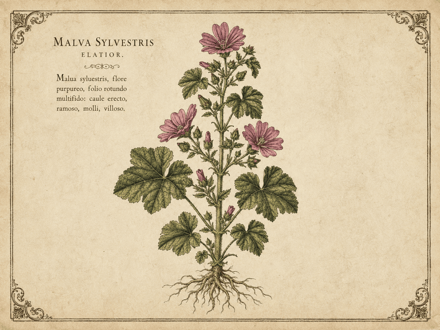 Representação histórica de Malva sylvestris inspirada na obra de Leonhart Fuchs de 1542