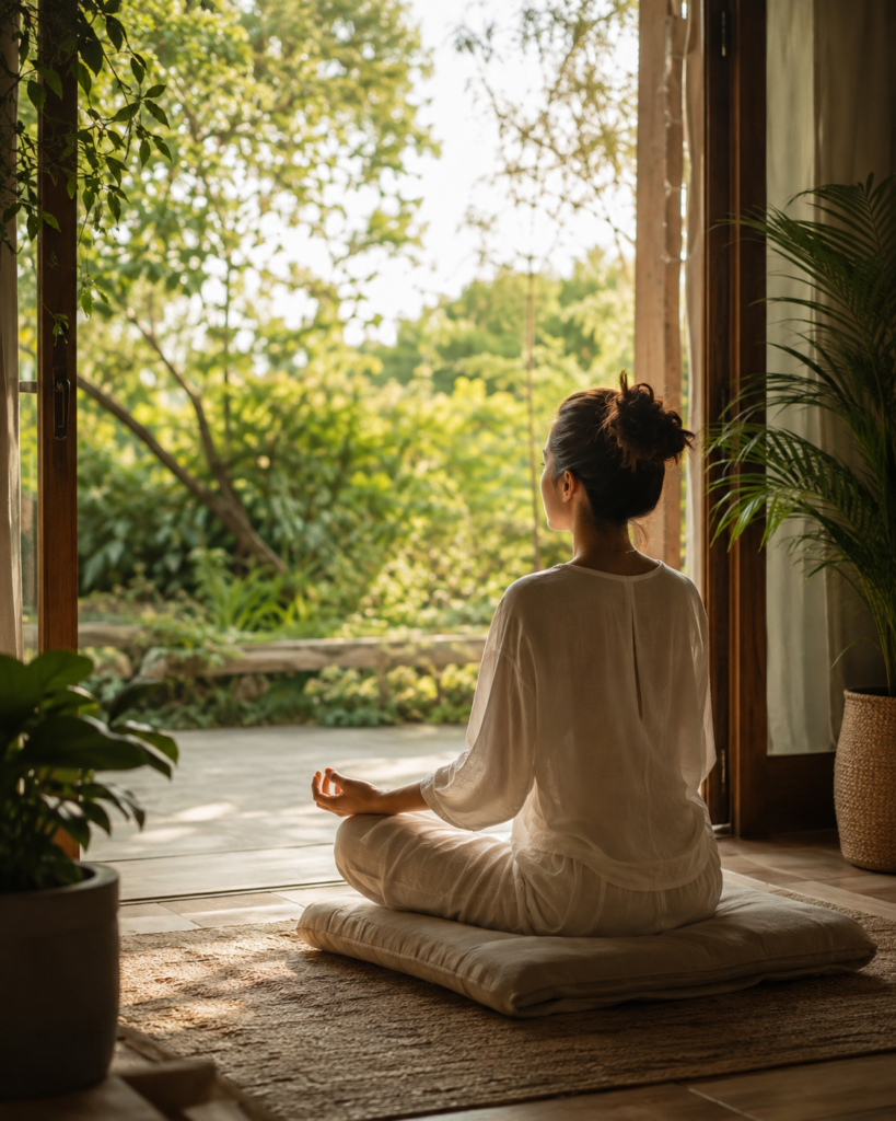 Pessoa sentada em meditação diante de uma área verde, em ambiente calmo e iluminado pela luz natural