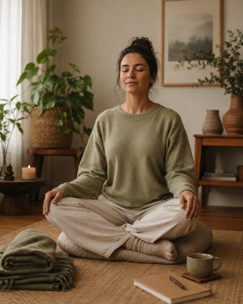 Pessoa meditando em casa, sentada sobre almofada, com manta, caderno e xícara em ambiente acolhedor