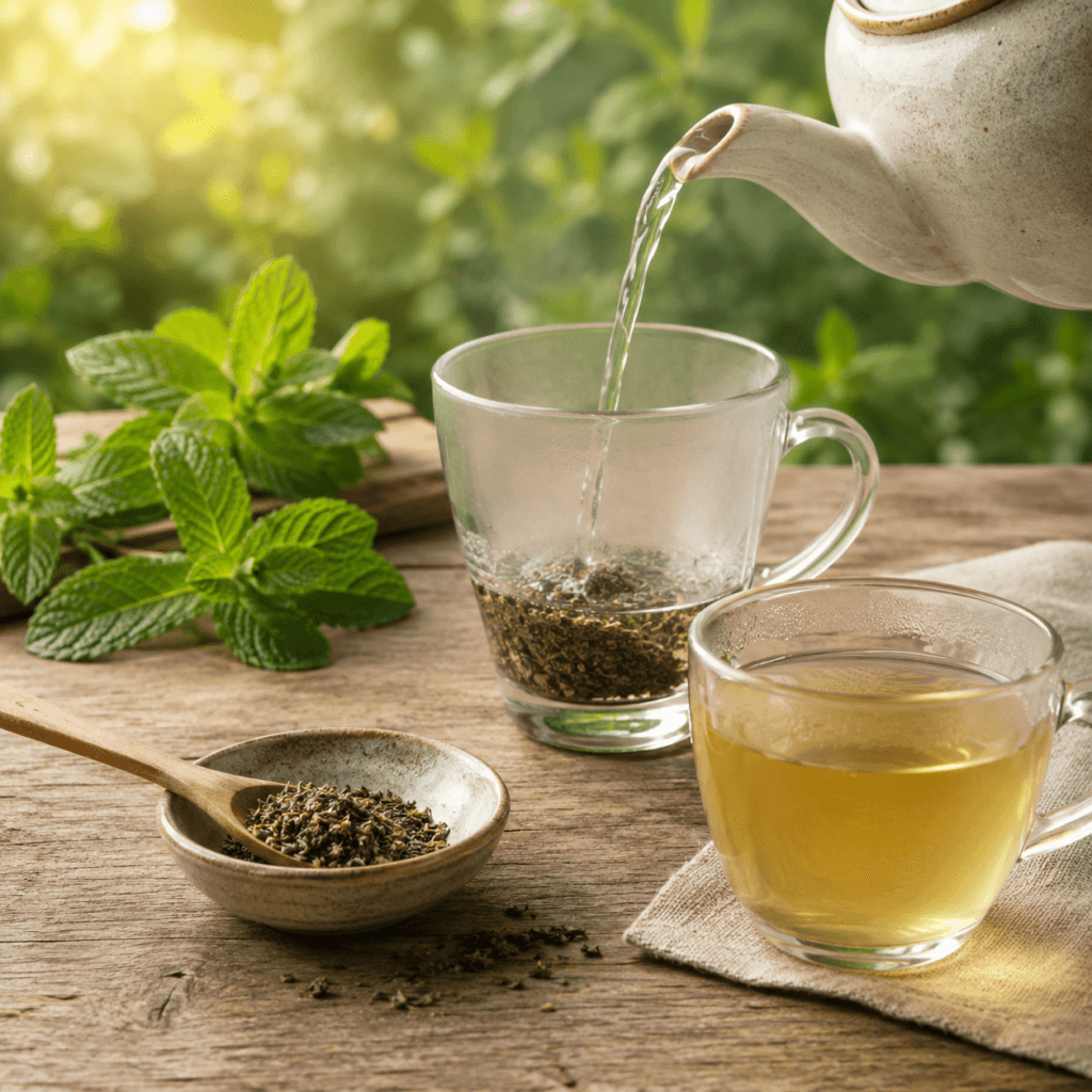Água quente sendo despejada sobre folhas secas de hortelã, com uma xícara de infusão já coada ao lado.