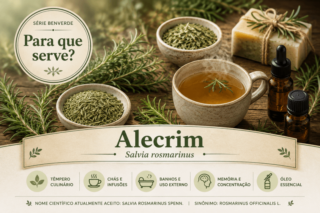 Diferentes formas de uso do alecrim incluindo chá, folhas secas, óleo e preparos naturais sobre superfície rústica