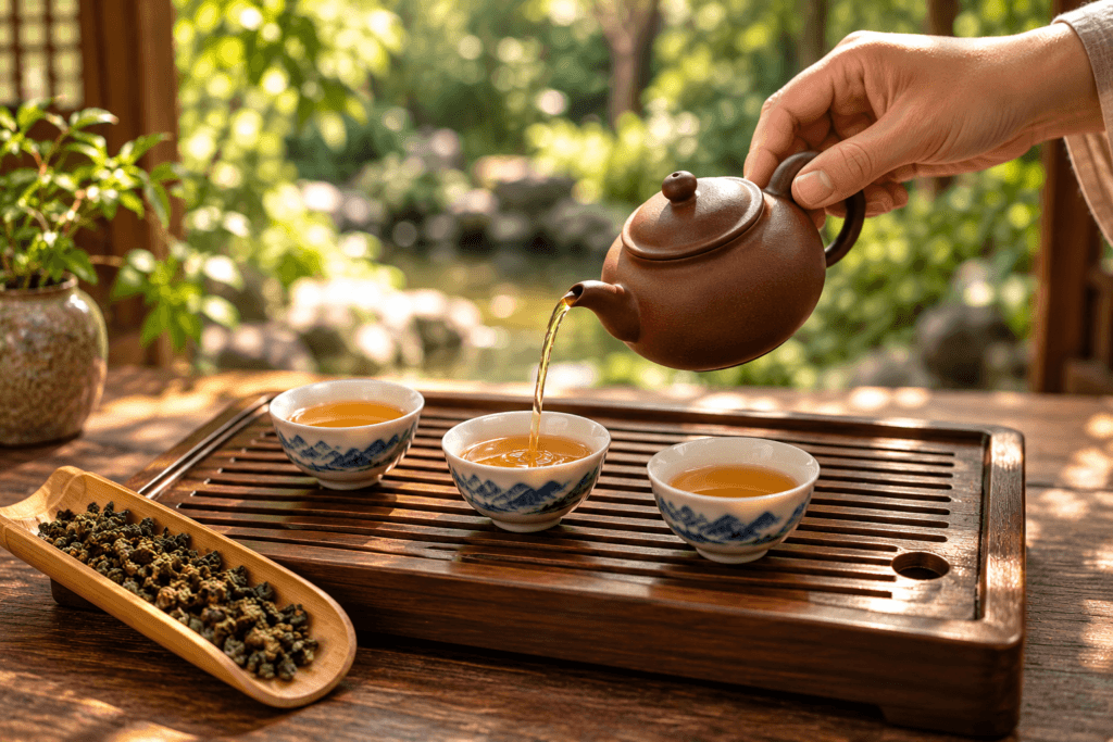 Mão serve chá Oolong de um pequeno bule de argila em uma das três xícaras sobre uma bandeja de madeira