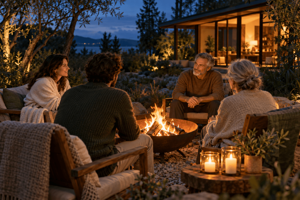 Fogo, velas e luz quente: por que nos acalmam? Grupo de adultos reunido ao redor de uma fogueira ao anoitecer, com velas e uma casa iluminada ao fundo