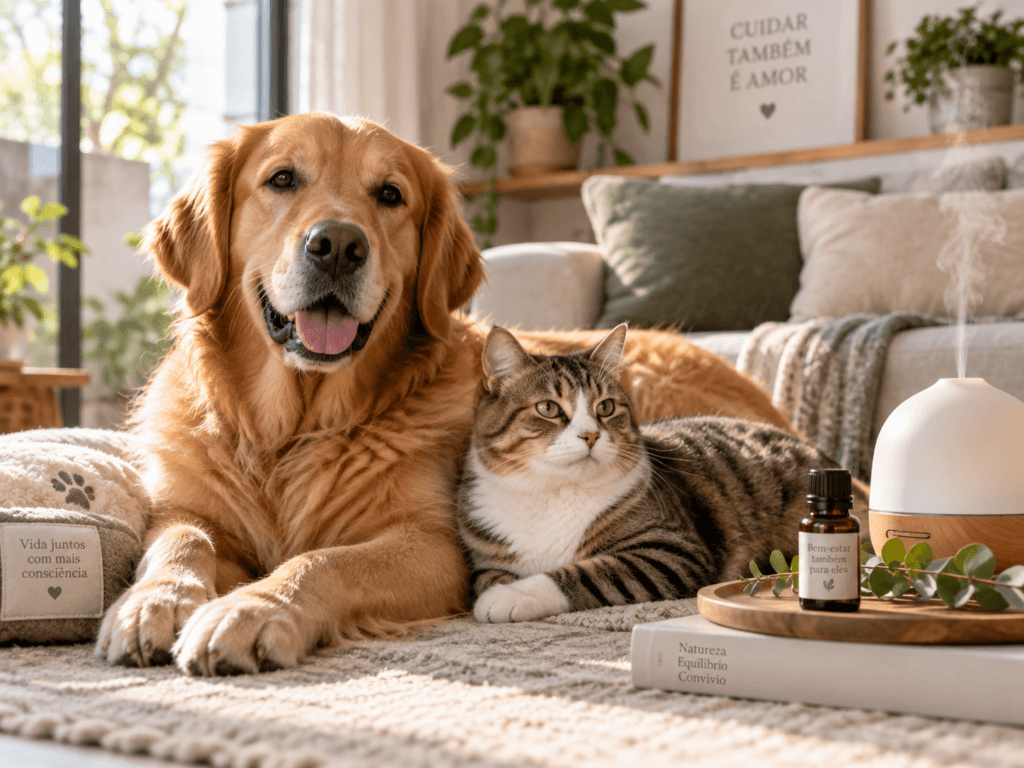 Óleos essenciais e pets: cão e gato em ambiente doméstico com difusor e frasco de óleo essencial ao fundo