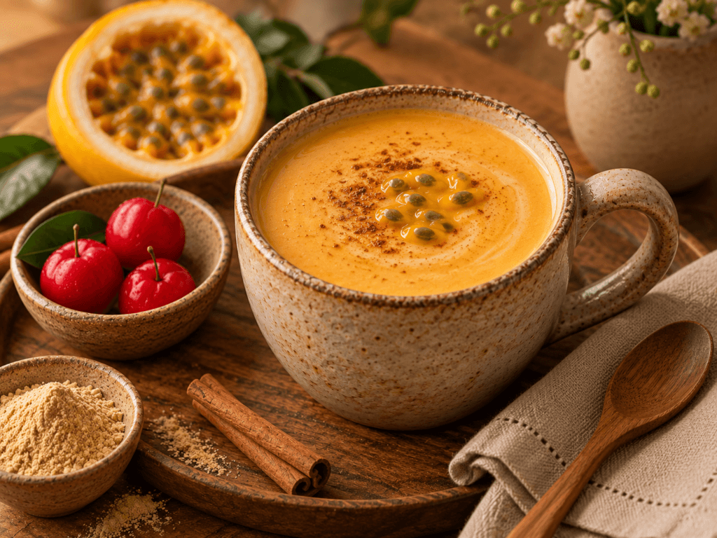 Caneca de api de maca servida com maracujá, acerola e canela