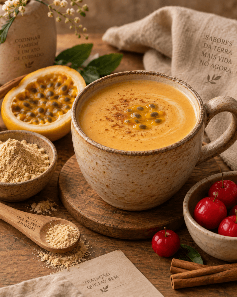 Xícara com api de maca, maracujá e acerola