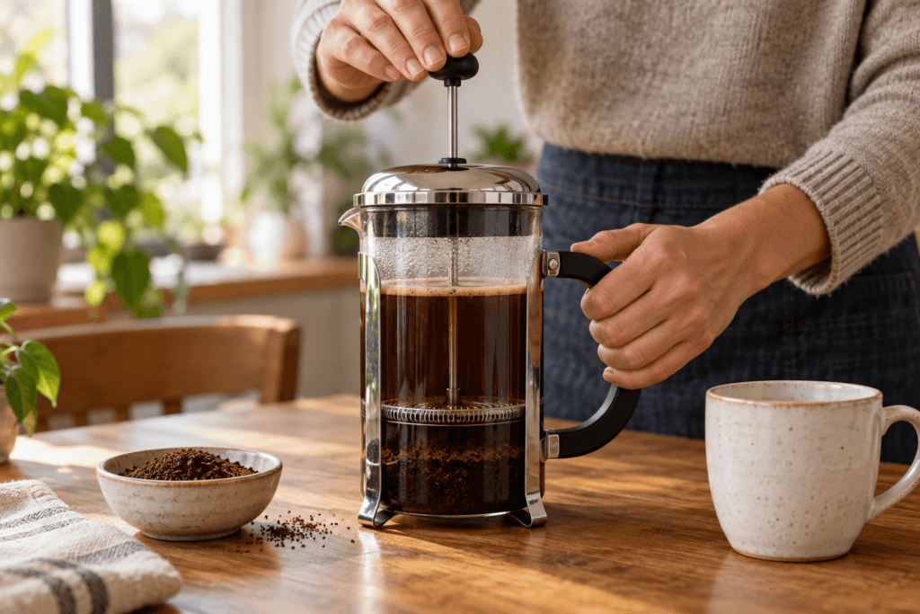 Êmbolo da prensa francesa sendo pressionado sobre o café preparado
