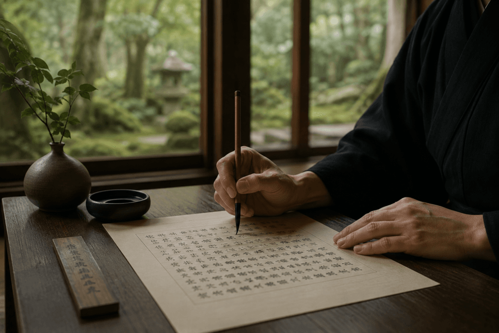Pessoa utilizando pincel para praticar shakyō, a cópia contemplativa de sutras budistas